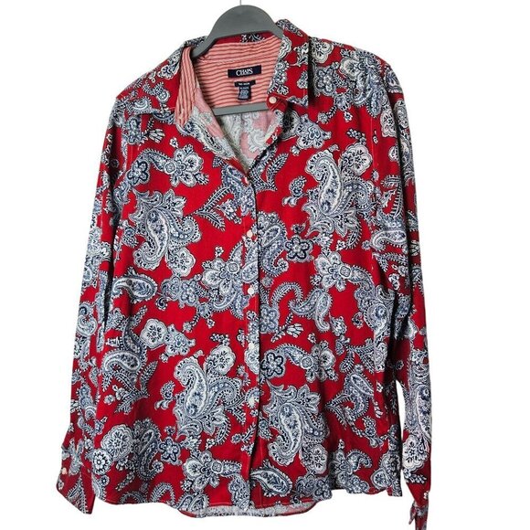 Chaps XL Long Sleeve Button-Down Paisley Shirt No Iron 100% Cotton Red & Blue - Picture 1 of 9